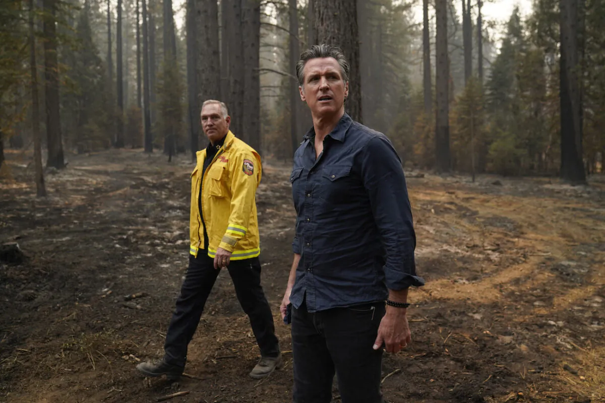 California Gov. Gavin Newsom and Cal Fire Chief Thom Porter tour the area scorched by the Caldor Fire in Eldorado National Forest, Calif., on Sept. 1, 2021. (Jae C. Hong/AP Photo)