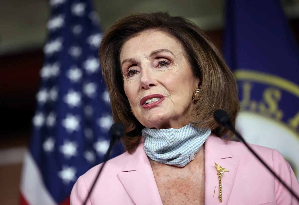 House Speaker Nancy Pelosi (D-Calif.) speaks at the U.S. Capitol in Washington on Aug. 25, 2021. (Kevin Dietsch/Getty Images)