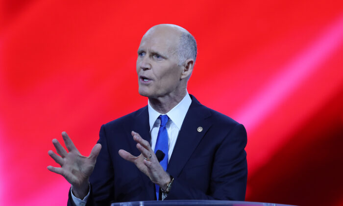 Sen. Rick Scott (R-Fla.) addresses the Conservative Political Action Conference in Orlando, Fla., on Feb. 26, 2021. (Joe Raedle/Getty Images)