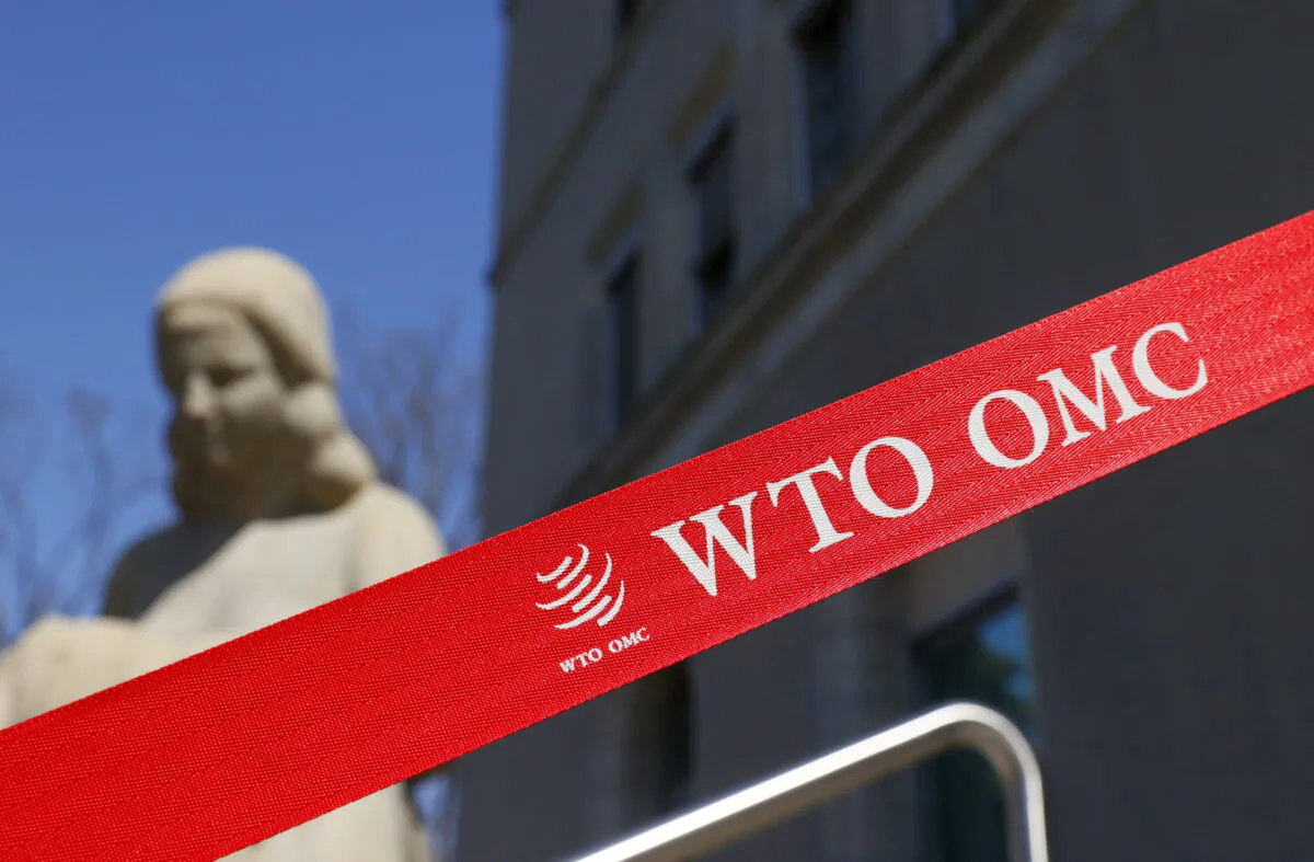 A logo is pictured outside the World Trade Organization (WTO) building in Geneva, Switzerland, on April 1, 2021. (Denis Balibouse/Reuters)