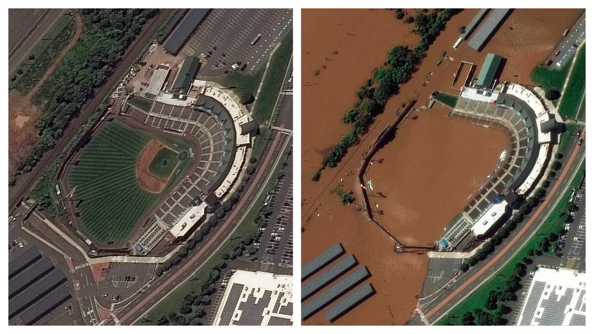 (Left) The Bank Ballpark in Bridgewater township, N.J., before flooding, on Aug. 25, 2021. (Right) The Bank Ballpark in Bridgewater township, N.J., after flooding, on Sept. 2, 2021. (Maxar Technologies via AP) 