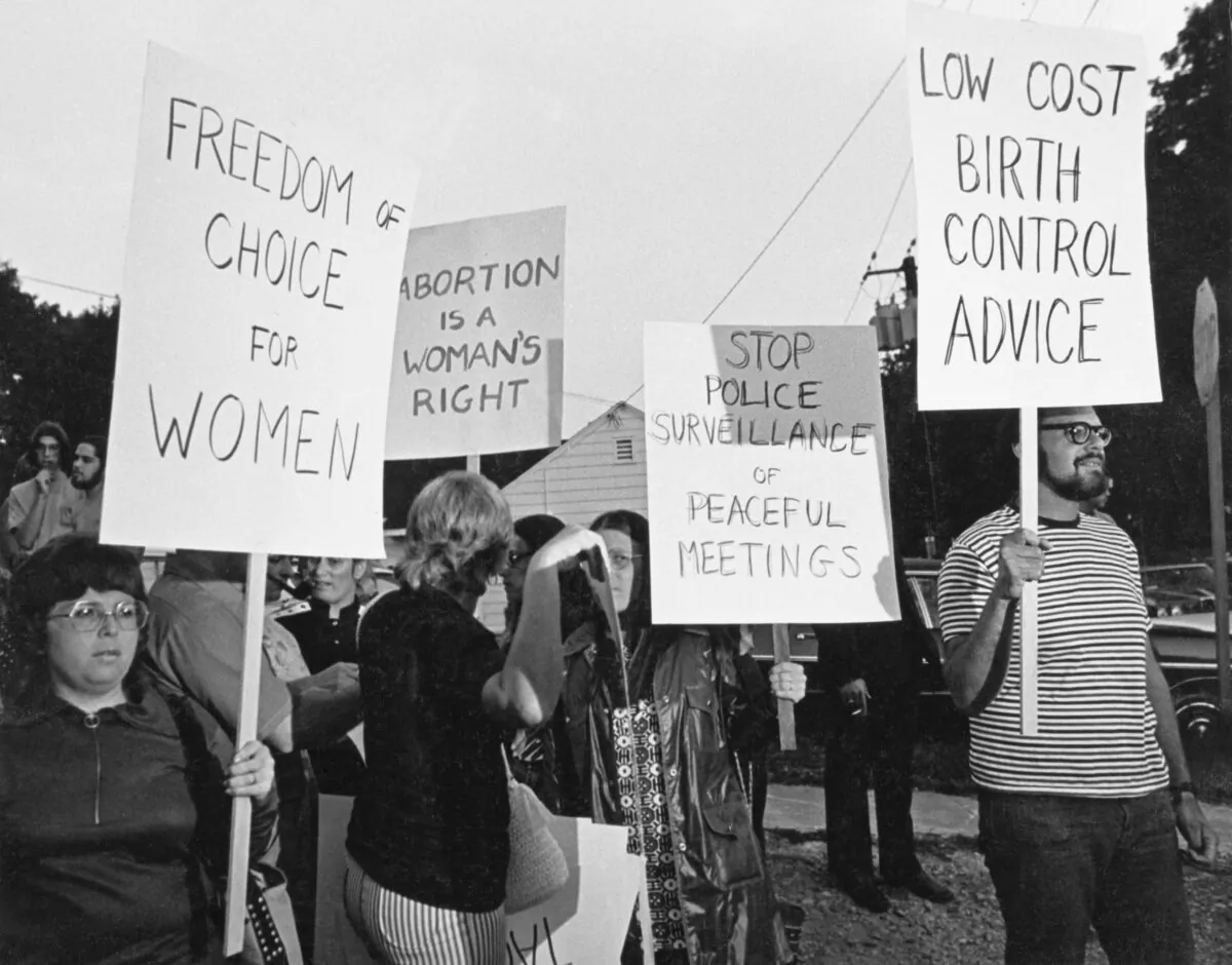 A pro-abortion picket, with protestors holding placards, location unknown, circa 1975. (Peter L Gould/FPG/Archive Photos/Hulton Archive/Getty Images)