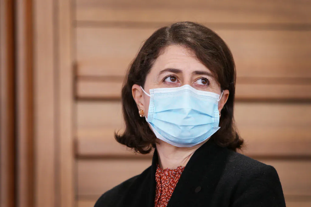 NSW Premier Gladys Berejiklian looks on during a COVID-19 update and press conference in Sydney, Australia, on August 27, 2021. (Lisa Maree Williams-Pool/Getty Images)