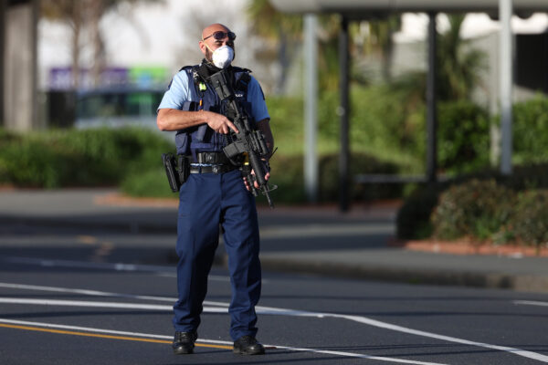 Armed police patrol the area around Countdown LynnMall after a mass stabbing incident in Auckland, New Zealand, on Sept. 3, 2021. (Fiona Goodall/Getty Images)