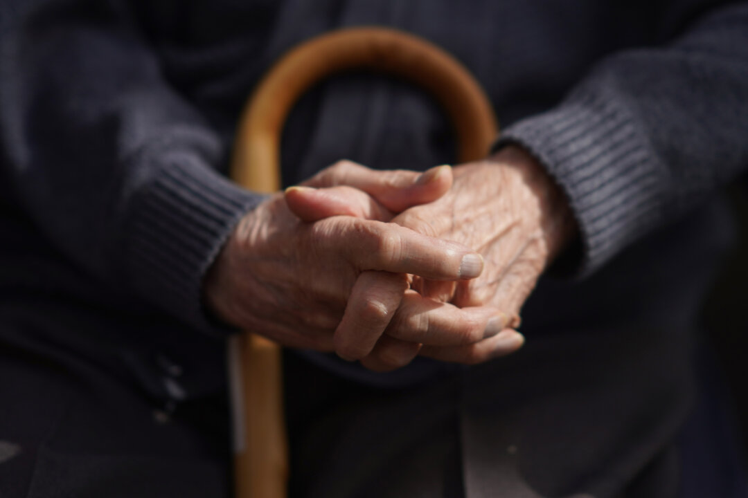 A senior citizen in his chair at The Fed care home in Prestbury, England, on April 23, 2021. (Christopher Furlong/Getty Images)