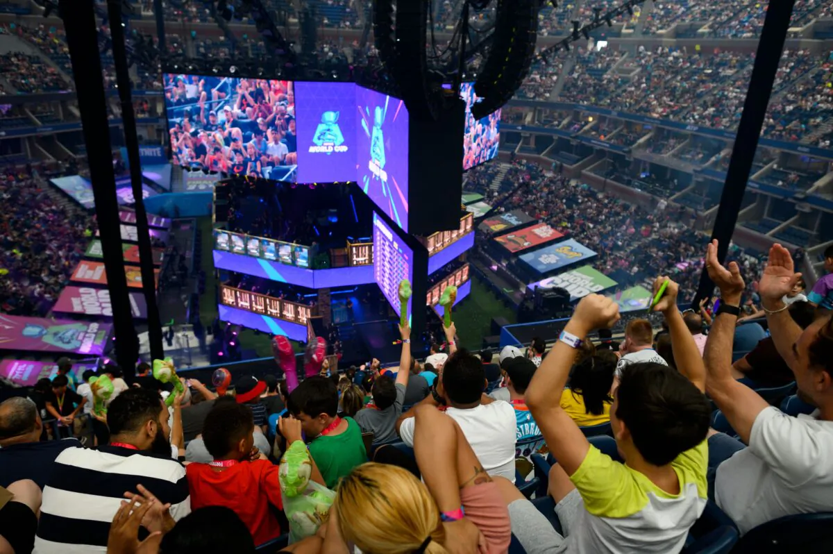 Fans cheer during the final of the Solo competition at the 2019 Fortnite World Cup inside of Arthur Ashe Stadium, in New York on July 28, 2019. (Johannes Eisele/AFP via Getty Images)