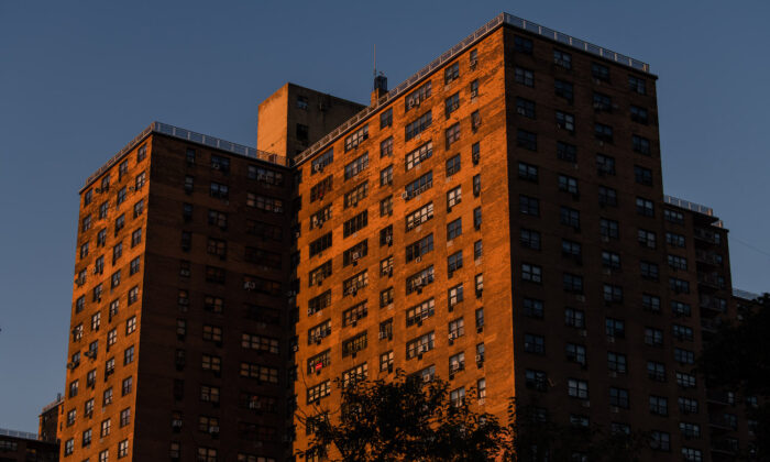 Sunlight falls on Ebbett's Field, a rent-regulated housing complex in the Crown Heights neighborhood of Brooklyn in New York City, on July 29, 2020. (Scott Heins/Getty Images)