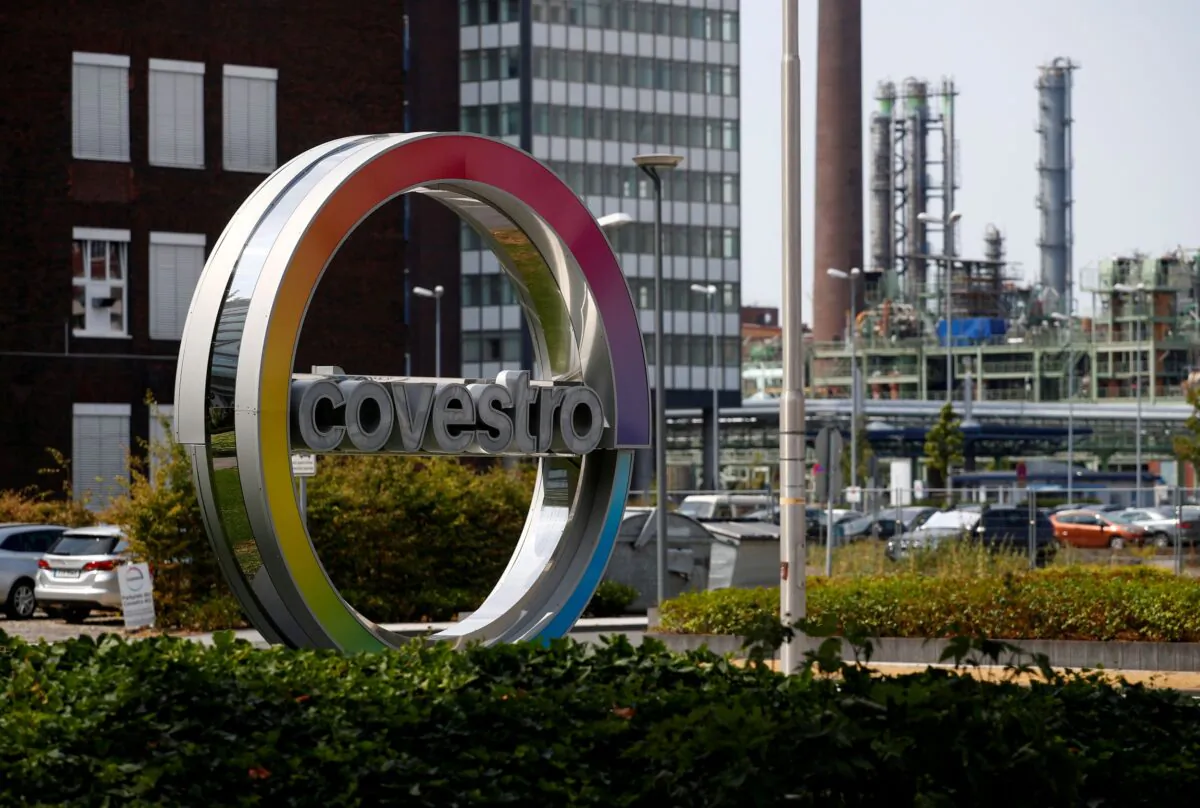 The logo of German chemicals maker Covestro is pictured outside its headquarters in Leverkusen, Germany, on July 26, 2019. (Wolfgang Rattay/File Photo/Reuters)
