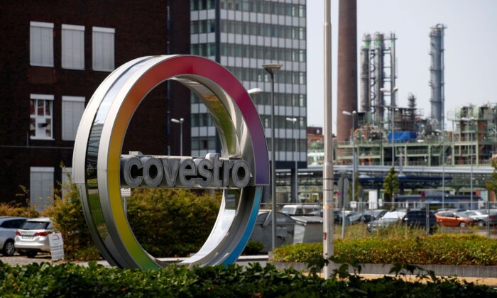 The logo of the German chemical manufacturer Covestro is painted outside its headquarters in Leverkusen, Germany, on July 26, 2019.  (WolfgangRattay / File Photo / Reuters)