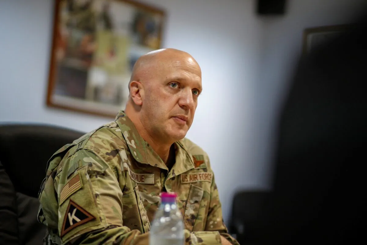 U.S. Air Force Brigadier General Gerald Donohue looks on during a media briefing at Al Udeid airbase in Doha, Qatar, on Sept. 4, 2021. (Hamad I Mohammed/Reuters)