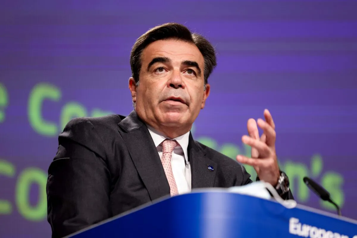European Commission Vice-President Margaritis Schinas speaks during a news conference on the safe resumption of activities in the cultural and creative sectors, at the EU headquarters in Brussels, on June 29, 2021. (Kenzo Tribouillard/Pool via Reuters)