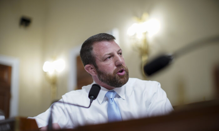 Rep. Markwayne Mullin (R-Okla.) speaks during a congressional hearing in Washington on April 15, 2021. (Al Drago/Pool/Getty Images)