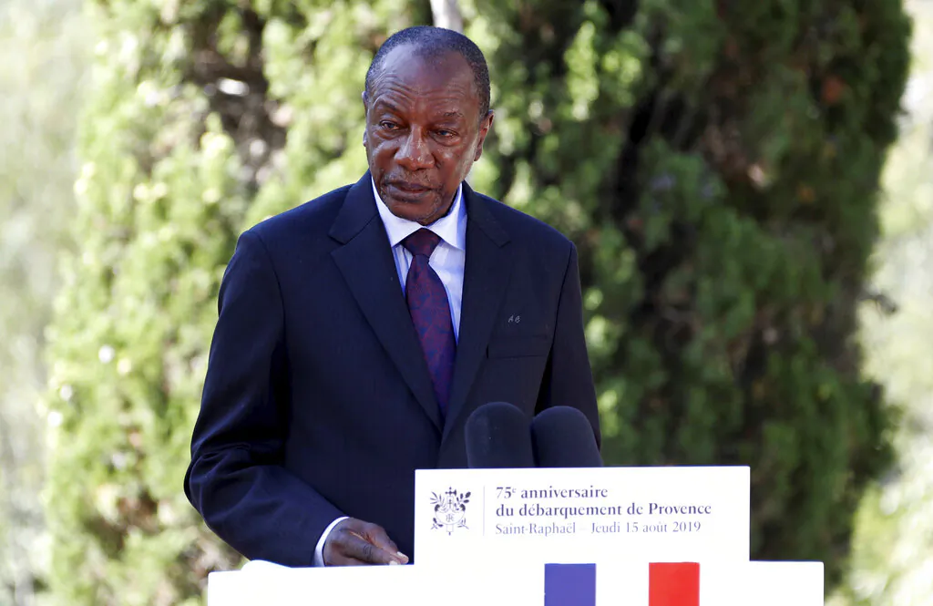 Guinean President Alpha Conde delivers a speech during a ceremony marking the 75th anniversary of the WWII Allied landings in Provence, in Saint-Raphael, southern France, on Aug. 15, 2019. (Eric Gaillard/Pool Photo via AP)