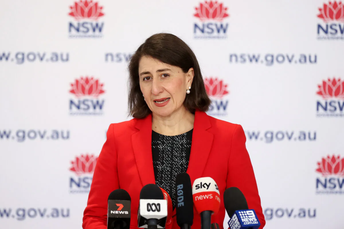 NSW Premier Gladys Berejiklian speaks to the media during a press conference in Sydney, Australia, on Sept. 5, 2021. (AAP Image/Brendon Thorne)