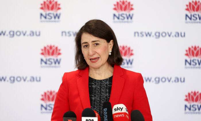 NSW Premier Gladys Berejiklian speaks to the media during a press conference in Sydney, Australia, on Sept. 5, 2021. (AAP Image/Brendon Thorne)