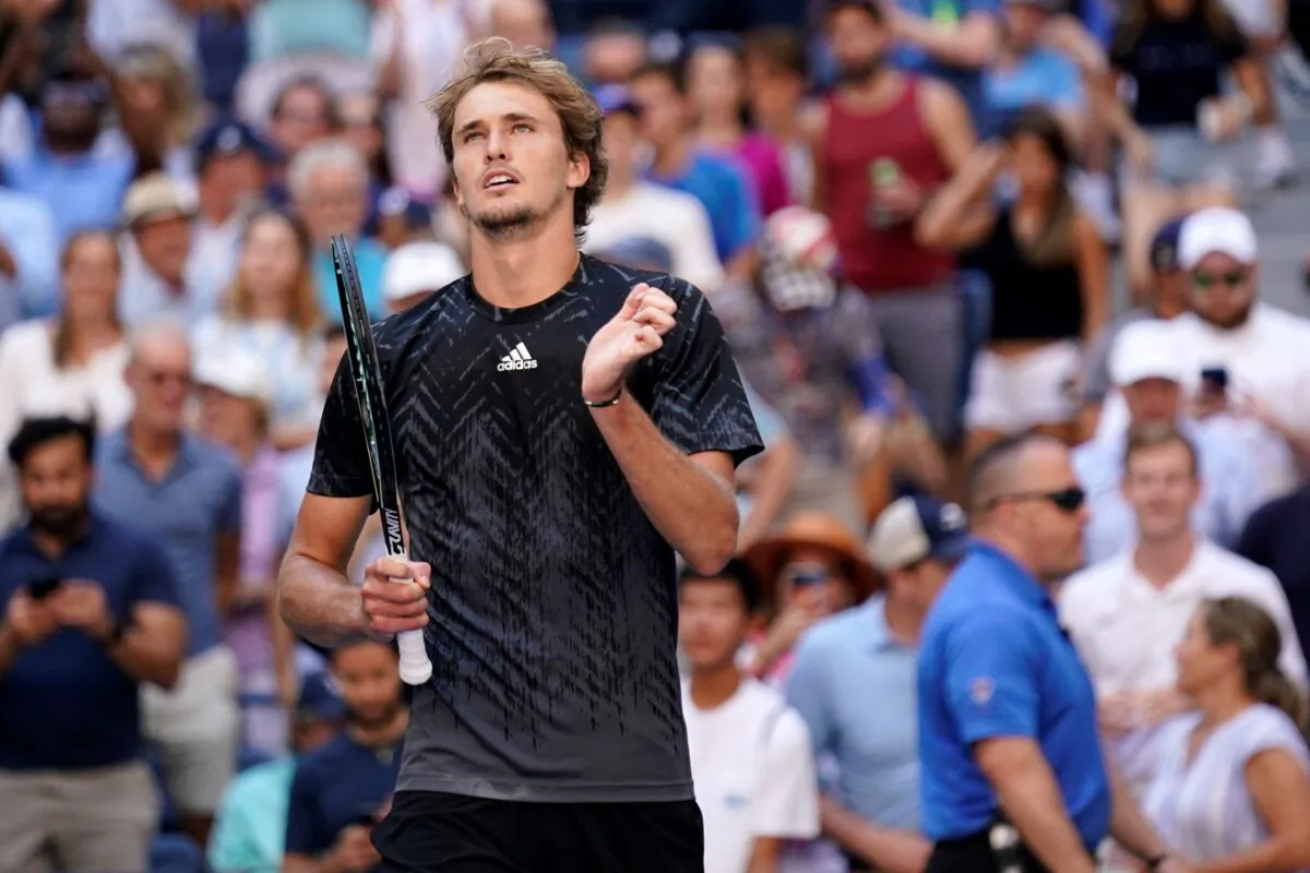 Alexander Zverev, of Germany, celebrates after winning his match against Jannik Sinner, of Italy, in the fourth round of the U.S. Open tennis championships in New York, Sept. 6, 2021. (Seth Wenig/AP Photo)