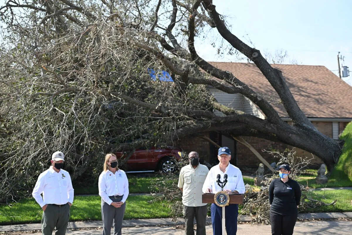 President Joe Biden delivers remarks after touring the Cambridge neighborhood affected by Hurricane Ida, in LaPlace, Louisiana, on Sept. 3, 2021. Biden has attributed the severity of storms like Ida to the “climate crisis.” (Mandel Ngan/AFP via Getty Images)
