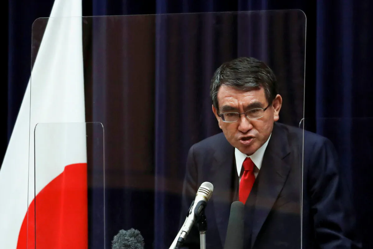 Japan's vaccination programme chief Taro Kono attends a news conference in Tokyo, Japan, on Feb. 16, 2021. (Issei Kato/Reuters)