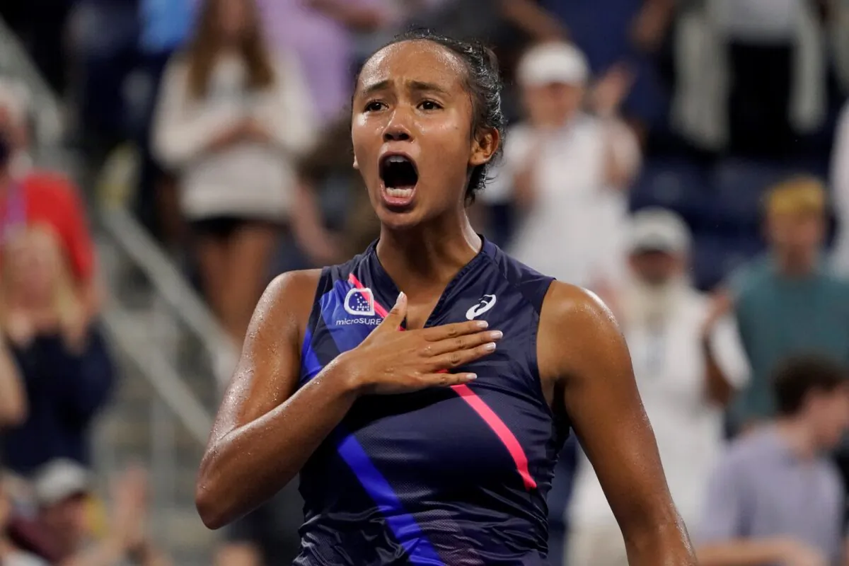 Leylah Fernandez, of Canada, reacts after defeating Angelique Kerber, of Germany, during the fourth round of the US Open tennis championships in New York on Sept. 5, 2021. (John Minchillo/AP Photo)