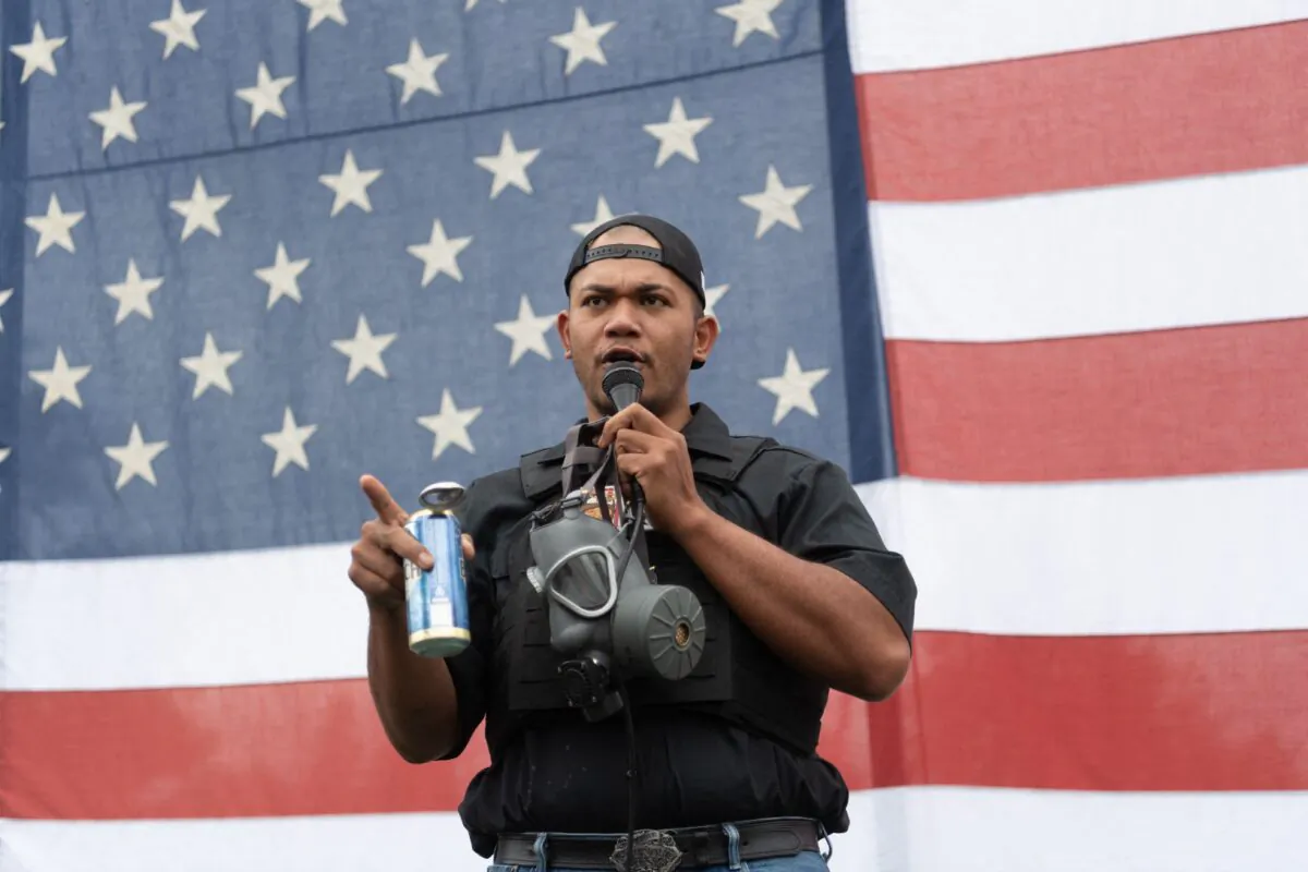 Tusitala Toese, a member of the Proud Boys, in Portland, Ore., on Aug. 22, 2021. (Mathieu Lewis-Rolland/AFP via Getty Images)