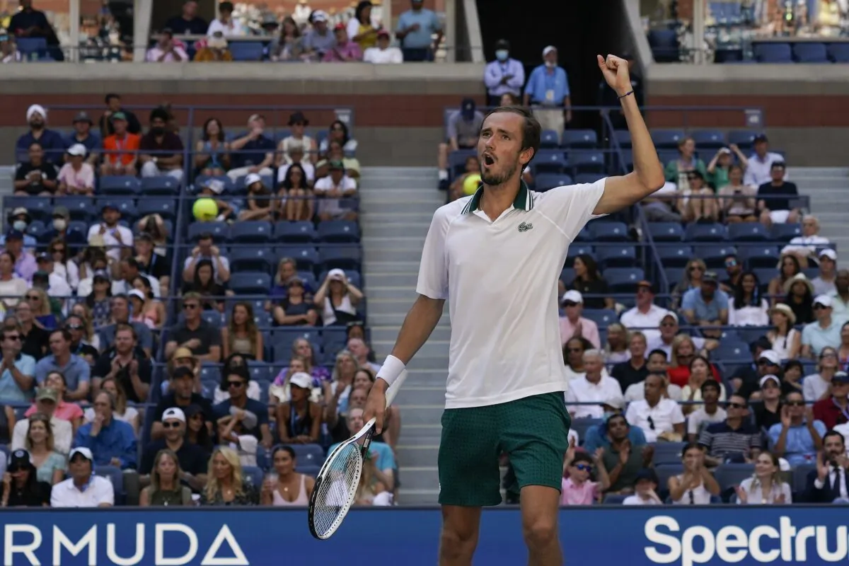 Daniil Medvedev of Russia reacts after scoring a point against Botic Van de Zandschulp of the Netherlands during the quarterfinals of the U.S. Open tennis championships in New York, on Sept. 7, 2021. (Elise Amendola/AP Photo)