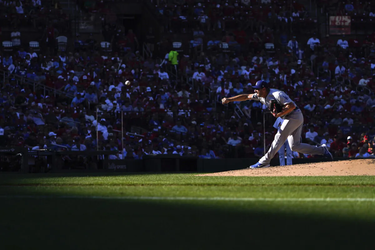 Los Angeles Dodgers starting pitcher Max Scherzer throws during the fifth inning of a baseball game against the St. Louis Cardinals in St. Louis on Sept. 6, 2021. (AP Photo/Jeff Roberson)