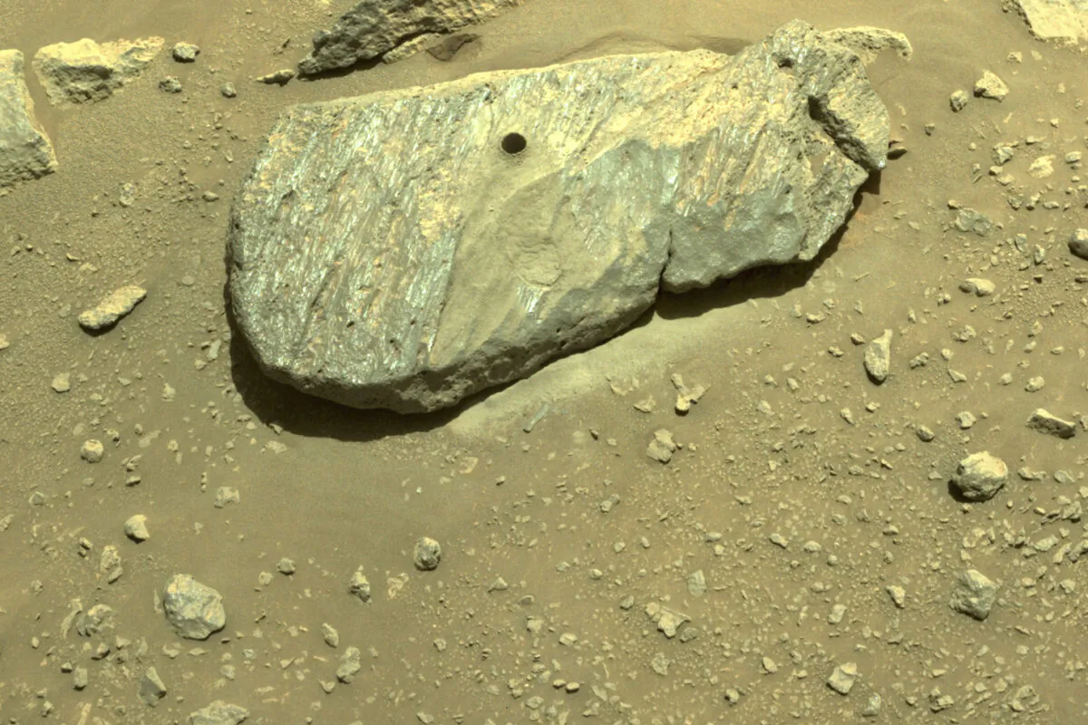 The hole drilled by the Perseverance rover during its second sample-collection attempt in Mars' Jezero Crater, on Sept. 1, 2021. (NASA/JPL-Caltech via AP)