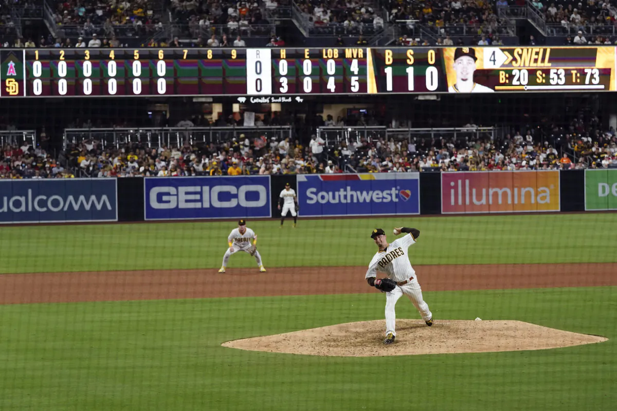 San Diego Padres starting pitcher Blake Snell works against a Los Angeles Angels batter during the seventh inning of a baseball game in San Diego on Sept. 7, 2021. (AP Photo/Gregory Bull)