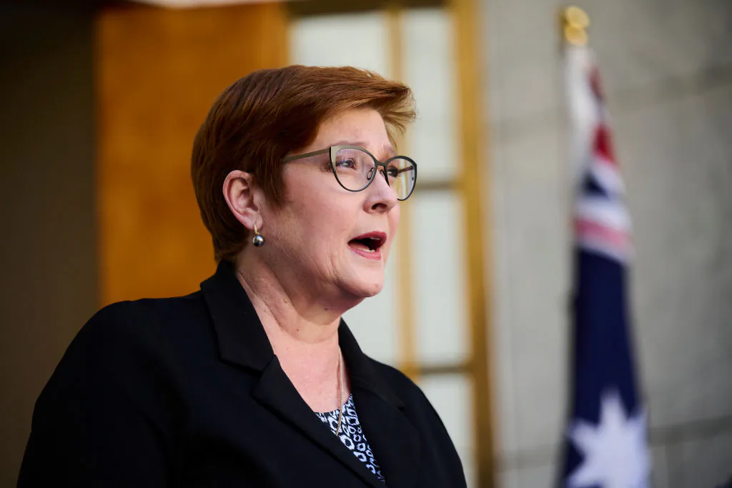 Australian Foreign Minister Marise Payne at press conference at Parliament House in Canberra, Australia, on Aug. 23, 2021. (Rohan Thomson/Getty Images)