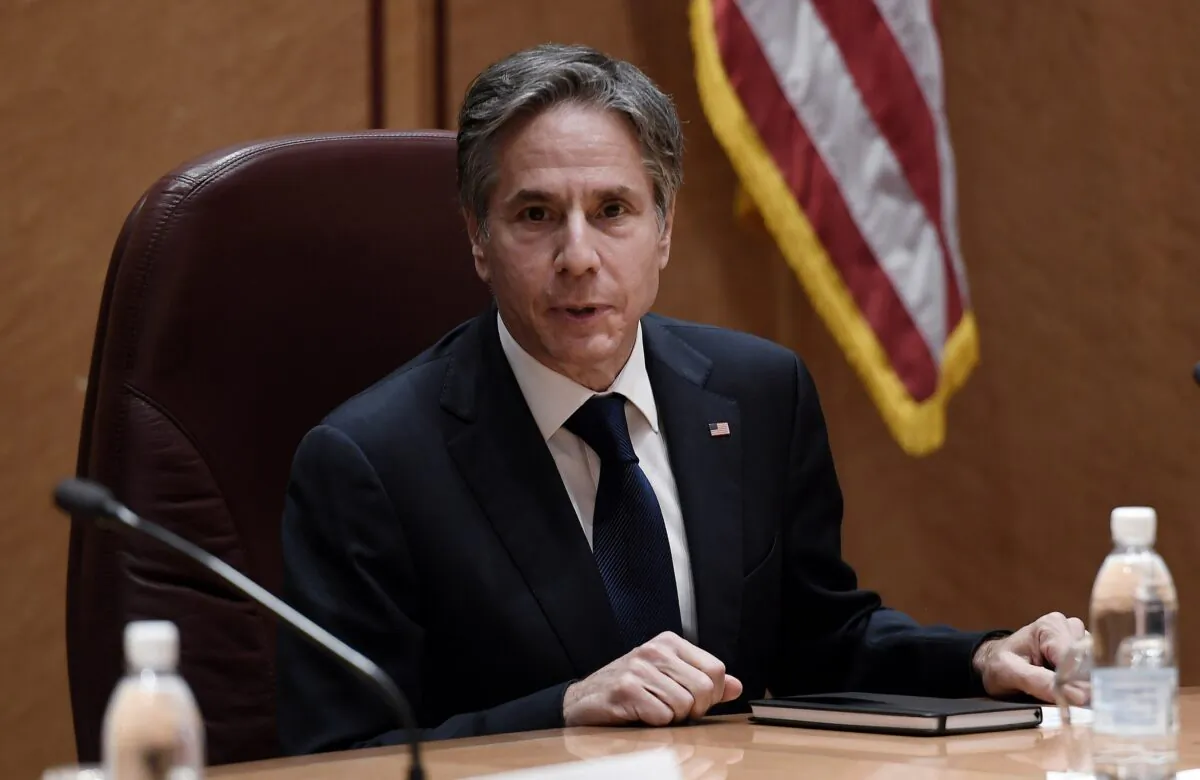 U.S. Secretary of State Antony Blinken attends a meeting with his German counterpart at Ramstein Air Base in Germany on Sept. 8, 2021. (Olivier Douliery/Pool via Reuters)