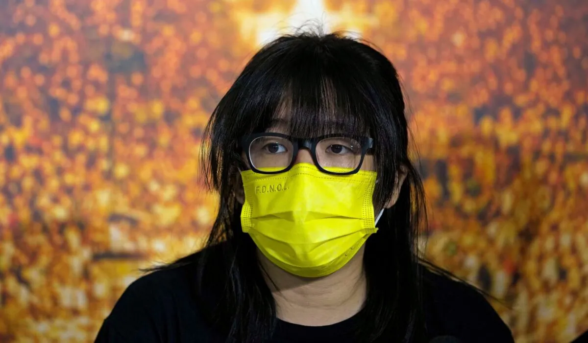 Chow Hang-tung, vice chairwoman of the Hong Kong Alliance in Support of Patriotic Democratic Movements of China, speaks during a news conference in Hong Kong, on Sept. 5, 2021. (Kin Cheung/AP Photo)