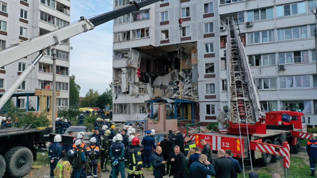 A scene of a gas explosion in a nine-story residential building in the town of Noginsk, Moscow, on Sept. 8, 2021. (Russian Emergency Ministry/Handout via Reuters)