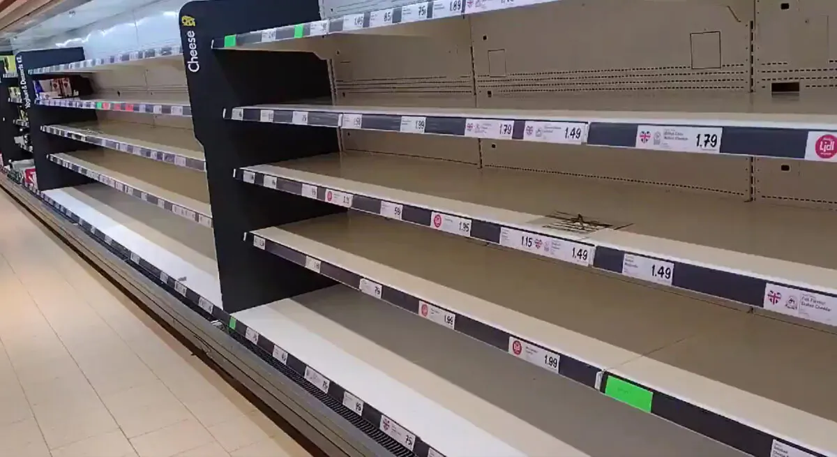 Empty shelves in retailer Lidl in Wolverton, Milton Keynes, UK, on July 22, 2021. (Courtesy of Twitter @Gramblera/Screenshot by PA)