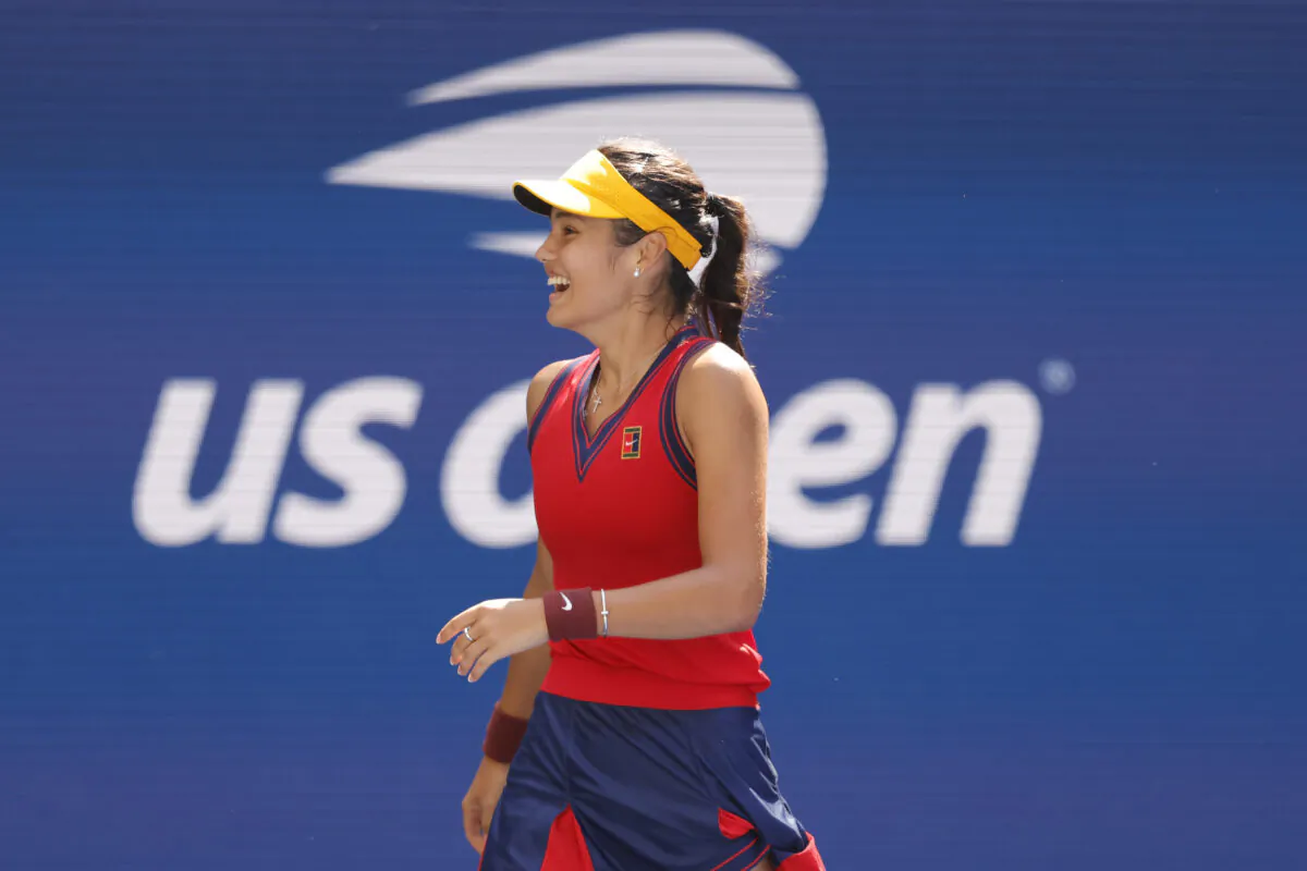 Emma Raducanu of Great Britain celebrates after match point against Belinda Bencic of Switzerland (not pictured) on day 10 of the 2021 U.S. Open tennis tournament at USTA Billie Jean King National Tennis Center, Flushing, N.Y., on Sept. 8, 2021. (Geoff Burke-USA TODAY Sports/Reuters)