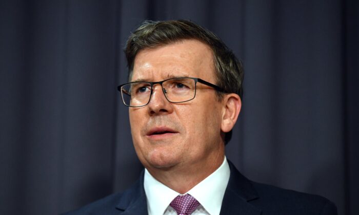 Minister for Education Alan Tudge at a press conference at Parliament House in Canberra, Australia, on Aug. 27, 2021. (AAP Image/Mick Tsikas)