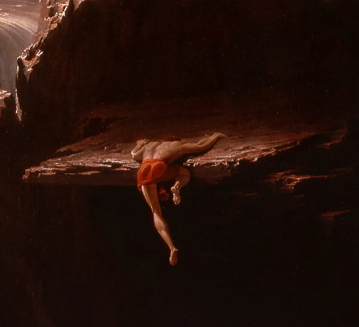 Clearly the hero is exhausted as he mounts a ledge, yet enduring faith propels him. (PD-US)