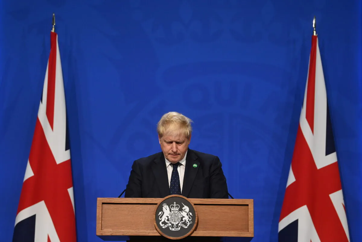 Britain's Prime Minister Boris Johnson speaks on his plan to raise taxes during a news conference in Downing Street in London, on Sept. 7, 2021. (Toby Melville-WPA Pool/Getty Images)