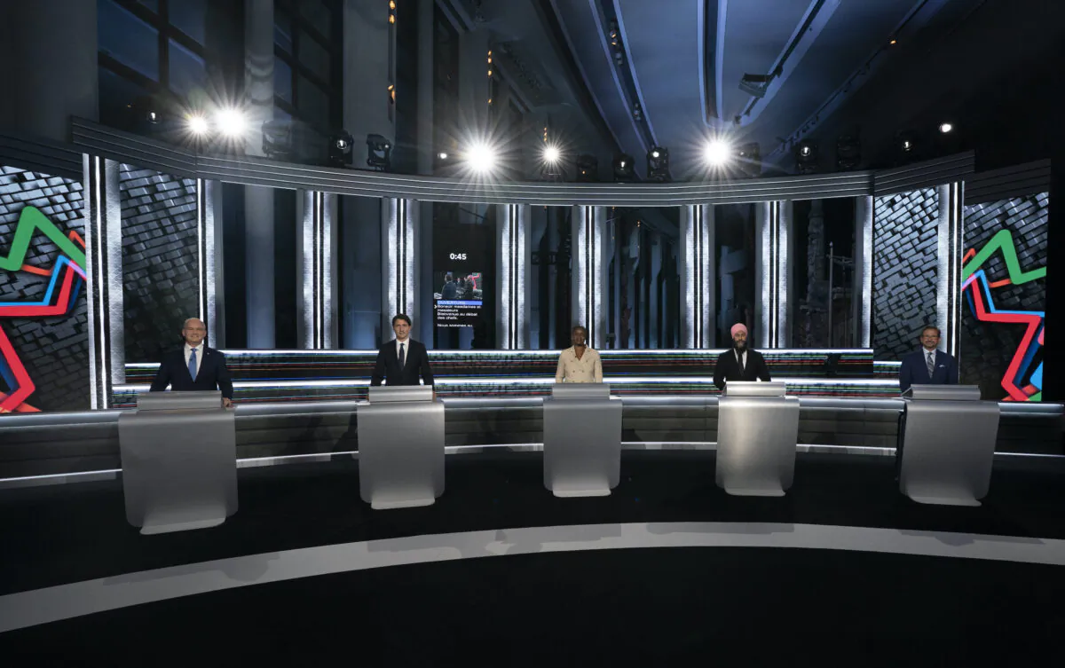 (L-R) Conservative Leader Erin O'Toole, Liberal Leader Justin Trudeau, Green Leader Annamie Paul, NDP Leader Jagmeet Singh, and Bloc Québécois Leader Yves-François Blanchet stand at their podiums before the French-language leaders' debate on Sept. 8, 2021, in Gatineau, Que. (The Canadian Press/Adrian Wyld)