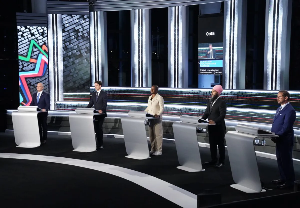 (L-R) Conservative Leader Erin O'Toole, Liberal Leader Justin Trudeau, Green Leader Annamie Paul, NDP Leader Jagmeet Singh, and Bloc Québécois Leader Yves-François Blanchet stand at their podiums before the federal election French-language leaders debate on Sept. 8, 2021, in Gatineau, Que. (The Canadian Press/Sean Kilpatrick)