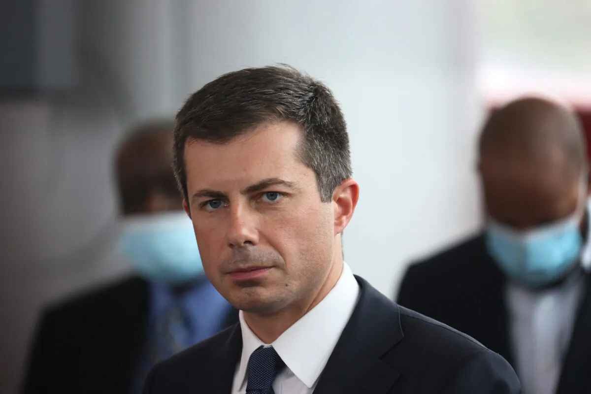 Transportation Secretary Pete Buttigieg listens to a question during a press conference in Chicago, Ill., on July 16, 2021. (Scott Olson/Getty Images)