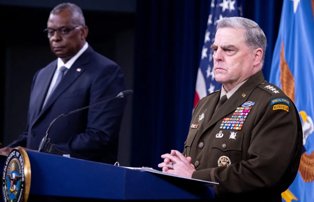 Secretary of Defense Lloyd Austin and Army General Mark Milley, right, hold a press briefing about the US military drawdown in Afghanistan, at the Pentagon in Washington on Sept. 1, 2021. (Saul Loeb/AFP via Getty Images)