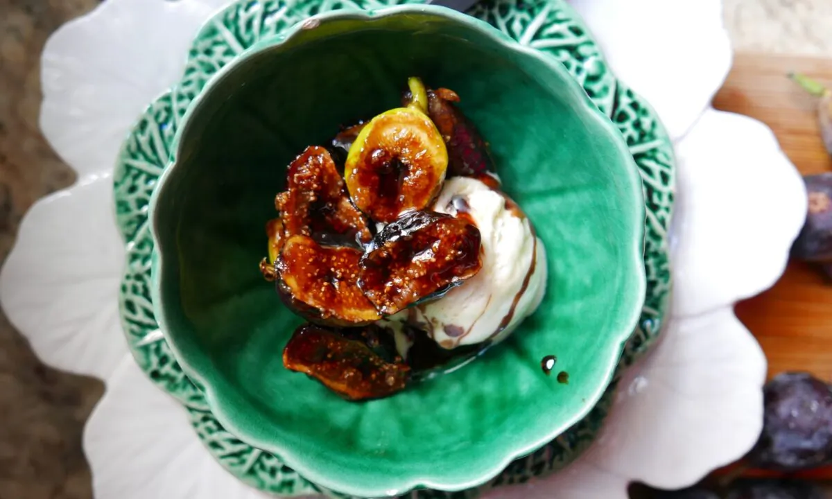 The sugar cooks into a thin, crisp, sweet, and buttery crust over the warmed figs. (Victoria de la Maza)