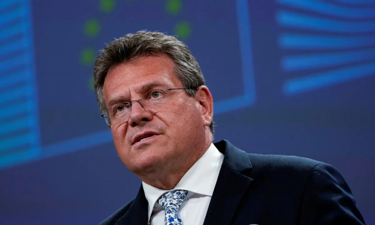 European Commissioner for Inter-institutional Relations and Foresight Maros Sefcovic speaks during a news conference on Brexit at the EU headquarters in Brussels, Belgium, on June 30, 2021. (Francisco Seco/Pool via Reuters)