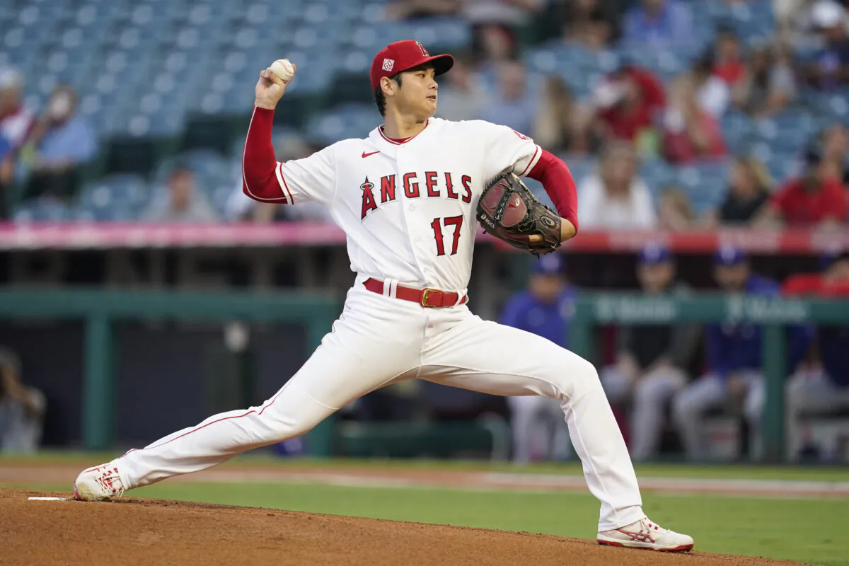 Los Angeles Angels starting pitcher Shohei Ohtani (17) throws during the first inning of a baseball game in Anaheim, Calif., on Sept. 3, 2021. (AP Photo/Ashley Landis)