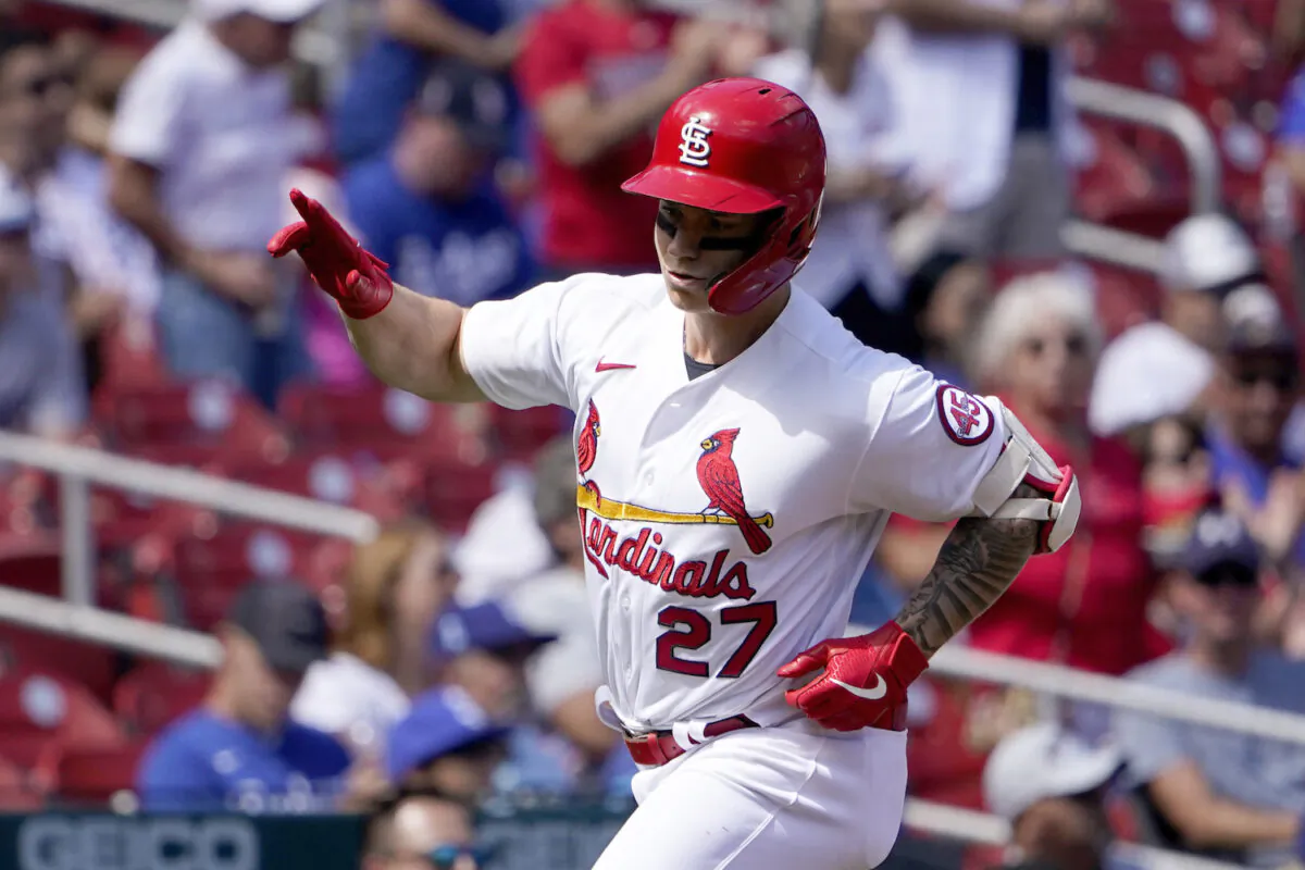 St. Louis Cardinals' Tyler O'Neill celebrates as he rounds the bases after hitting a solo home run during the fifth inning of a baseball game against the Los Angeles Dodgers in St. Louis on Sept. 9, 2021. (AP Photo/Jeff Roberson)