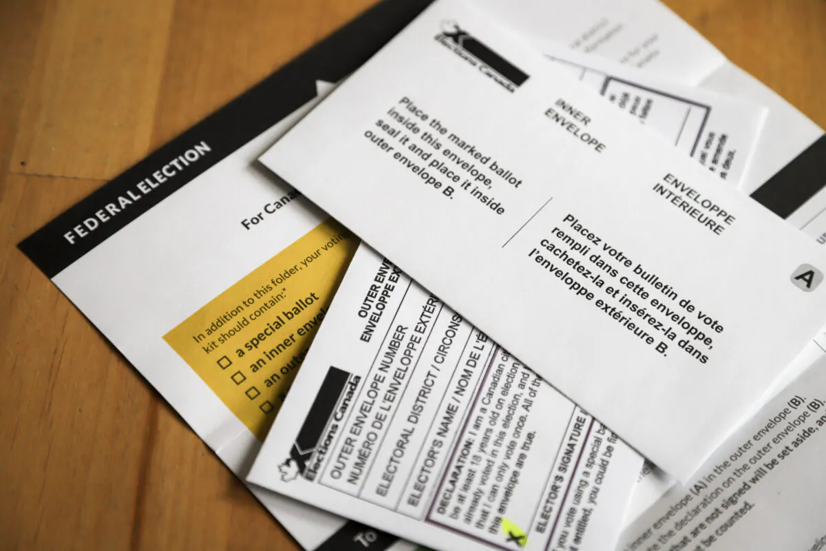 A special ballot voting package that voters will receive if requested is seen in Calgary, Alta., on Sept. 2, 2021. (The Canadian Press/Jeff McIntosh)