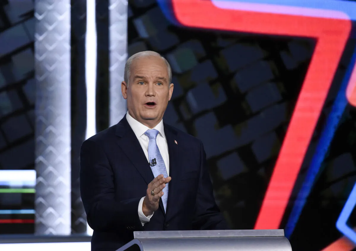 Conservative Leader Erin O'Toole takes part in the English-language leaders' debate in Gatineau, Que., on Sept. 9, 2021. (The Canadian Press/Justin Tang)