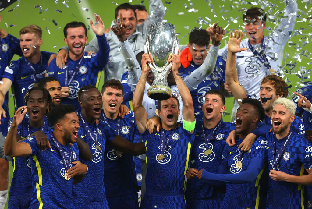 Cesar Azpilicueta of Chelsea lifts the UEFA Super Cup Trophy following victory in the UEFA Super Cup 2021 match between Chelsea FC and Villarreal CF at the National Football Stadium at Windsor Park in Belfast, Northern Ireland, on Aug. 11, 2021. (Catherine Ivill/Getty Images)