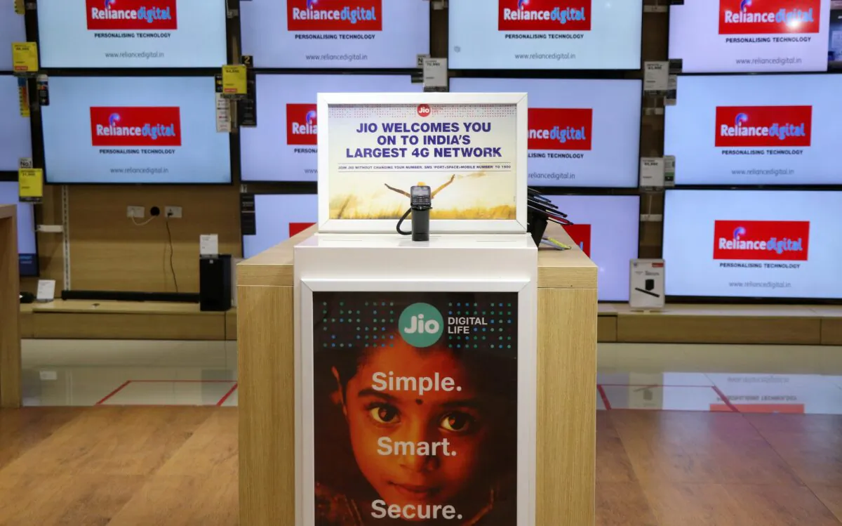 A Jio mobile phone is on display inside a digital store of Reliance Industries Ltd. in Mumbai, India, on Oct. 7, 2020. (Niharika Kulkarni/Reuters)