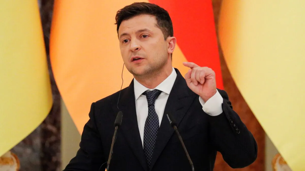 Ukrainian President Volodymyr Zelensky gives a joint news conference at the Mariinsky palace in Kyiv on Aug. 22, 2021. (Sergey Dolzhenko/POOL/AFP via Getty Images)